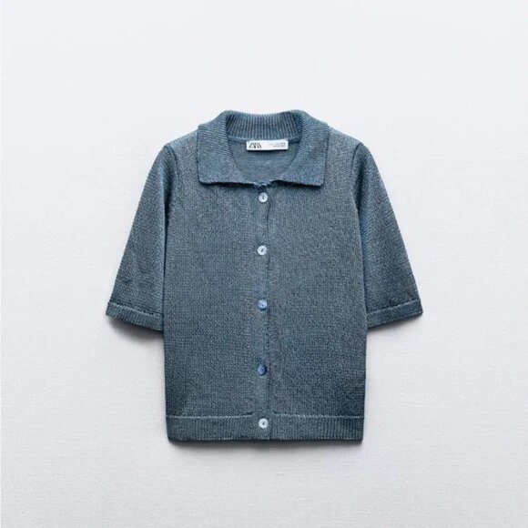 Zara Metallic Short Sleeve Collared Cardigan, Blue– L - Picture 1 of 4